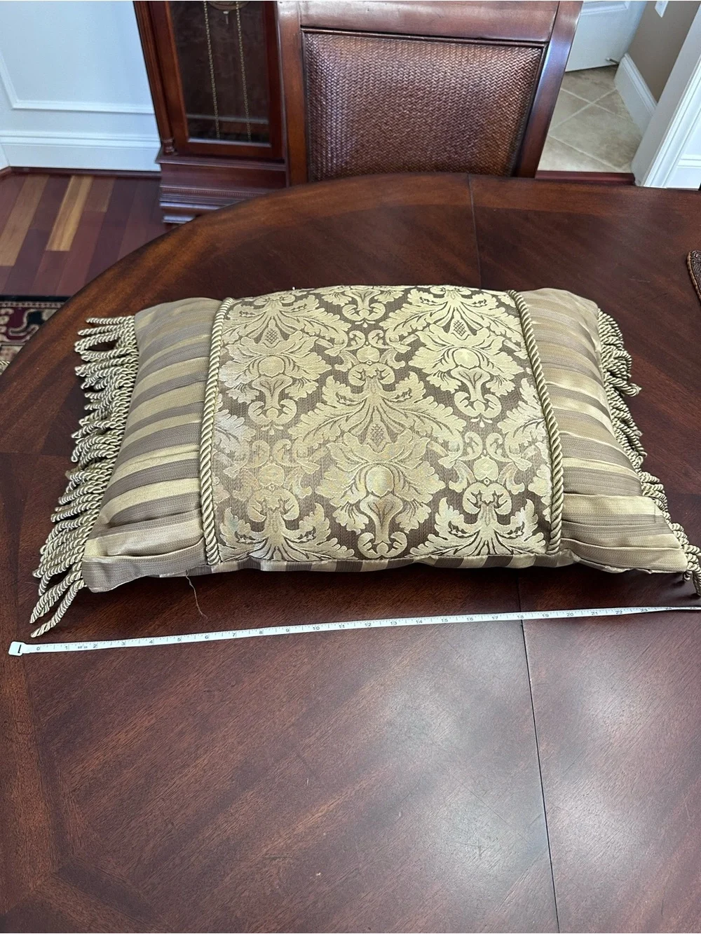 2 Vintage Style Gold Damask Ornate Regency Throw Pillows Fringe Tufted Square